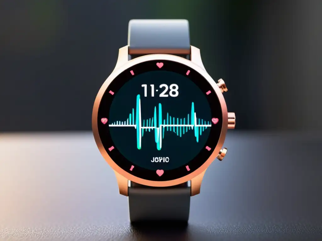 Un reloj inteligente moderno con interfaz de código abierto muestra datos de salud en tiempo real, con un diseño minimalista y correa cómoda