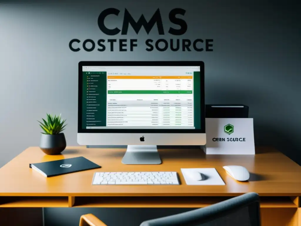 Rentabilidad CMS código abierto TCO: Oficina minimalista y eficiente con computadora moderna y reportes financieros