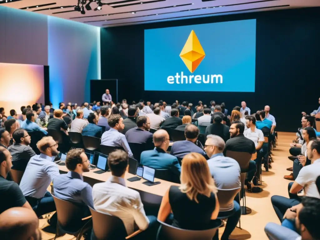 Reunión bulliciosa de Blockchain Ethereum, con asistentes diversos en interacción y networking en un entorno moderno y elegante