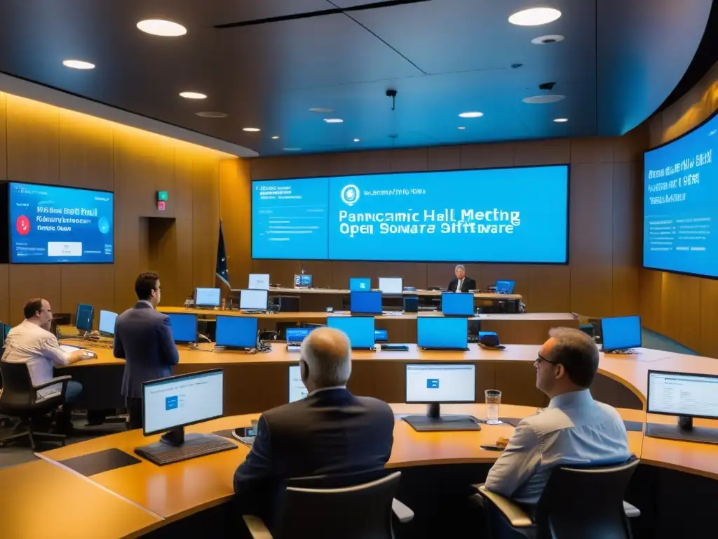 Reunión en la sala del ayuntamiento de la ciudad, con debates animados sobre Software libre para políticas públicas