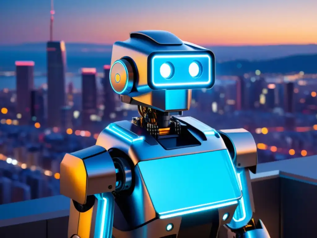 Un robot futurista fusionando blockchain y robótica de código abierto, frente al bullicio de la ciudad al atardecer