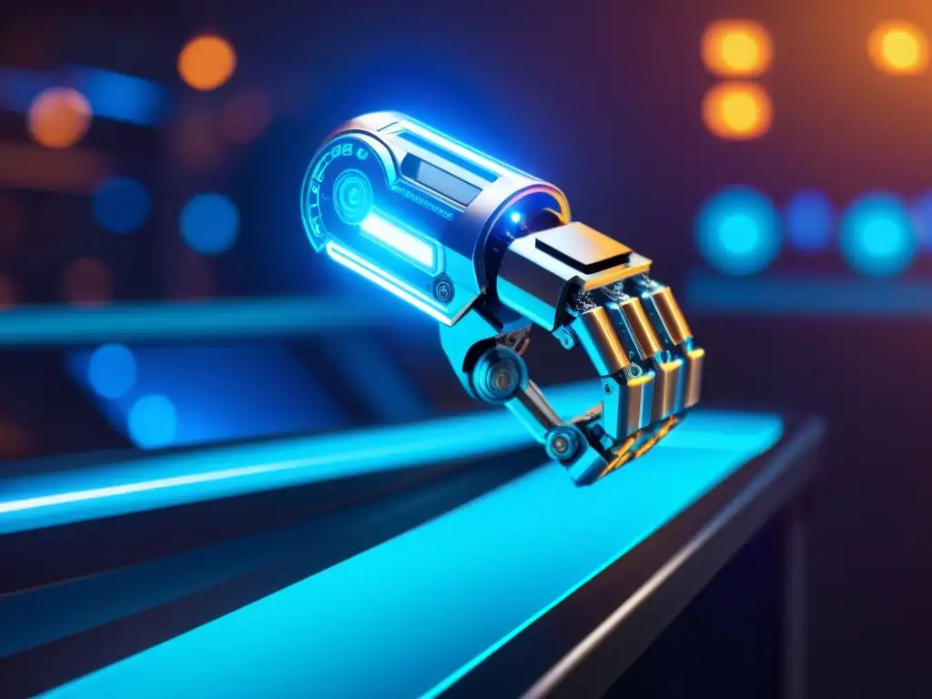 Robot futurista fusionando Blockchain y Robótica de Código Abierto en un entorno industrial vanguardista con luces azules brillantes