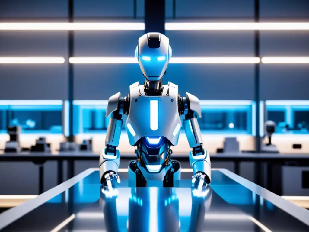 Robot futurista con inteligencia artificial y software de código abierto Un robot futurista se destaca en un laboratorio de alta tecnología, integrando software libre en su inteligencia artificial y diseño robótico