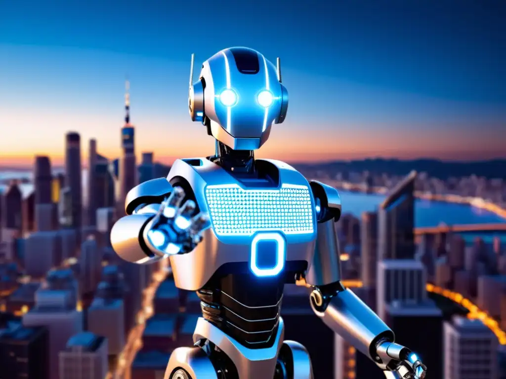 Robot futurista con ojos azules brillantes, en la ciudad de noche Un robot humanoide futurista con ojos azules brillantes y patrones de circuitos, en una ciudad nocturna