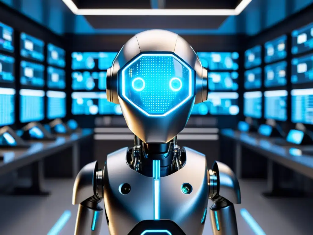 Un robot futurista con ojos azules brillantes y superficies metálicas, en un laboratorio tecnológico con pantallas y código holográfico