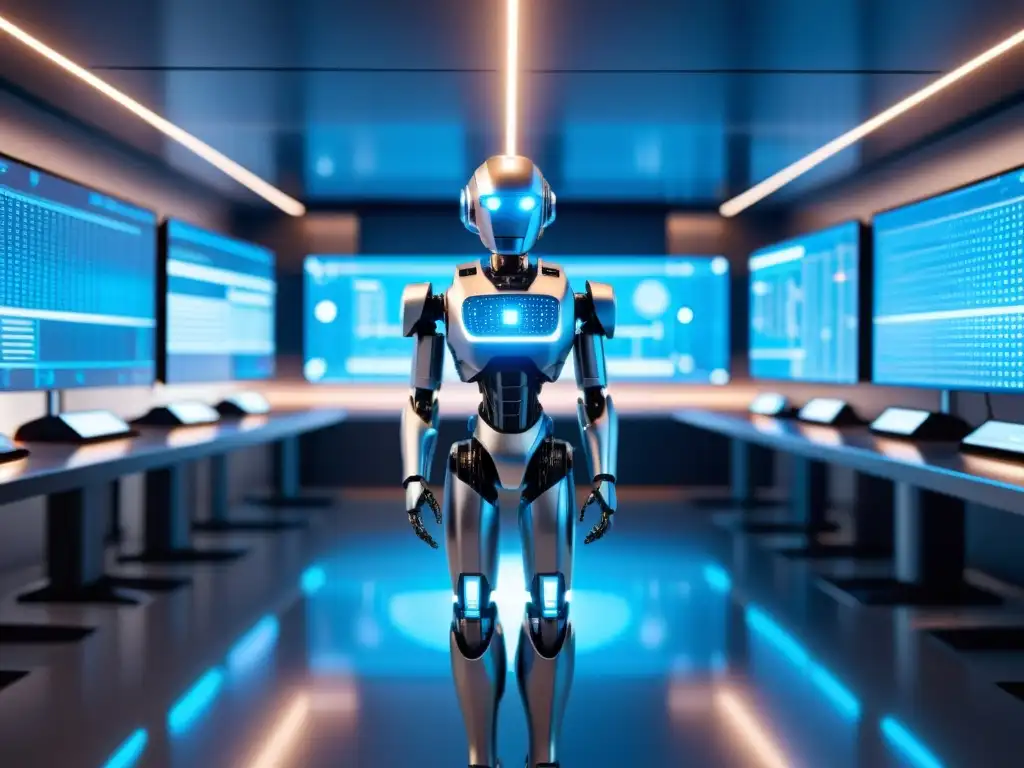 Robot AI futurista en laboratorio de alta tecnología Un robot de IA futurista con brillo azul en su estructura metálica, rodeado de hologramas y líneas de código en un laboratorio de alta tecnología