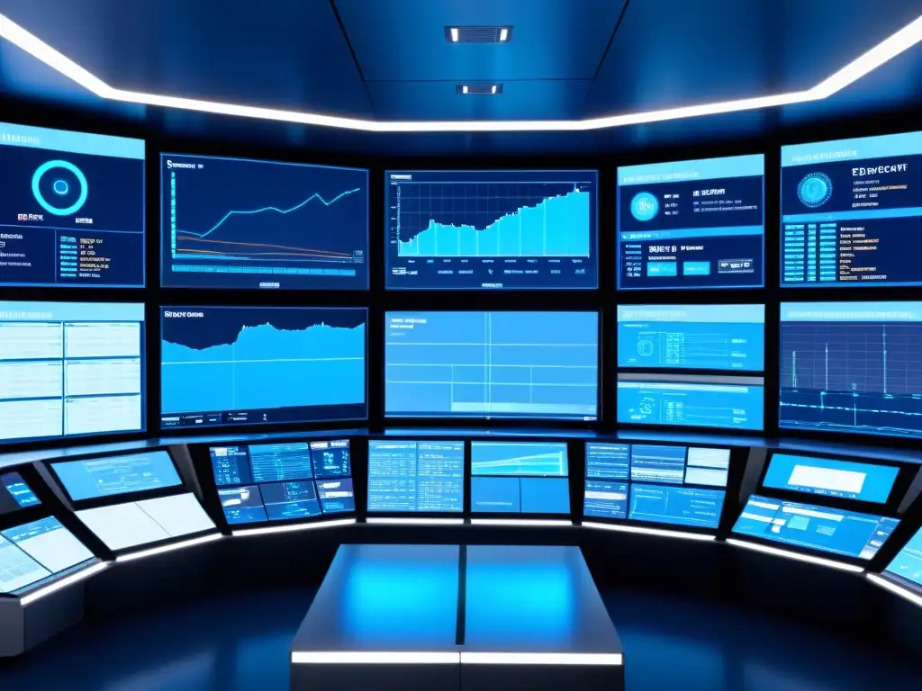 Sala de control futurista con monitoreo en tiempo real Una sala de control futurista con monitores grandes que muestran datos en tiempo real, bañada en una luz azul