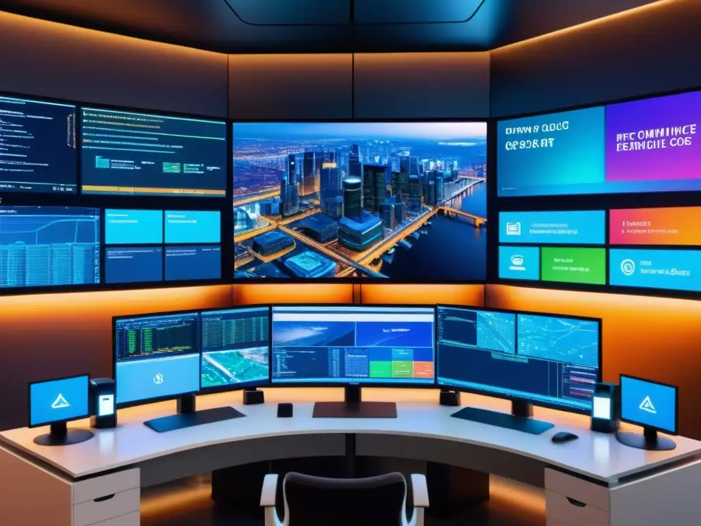 Una sala de control futurista con monitores que muestran datos en tiempo real y una vista panorámica de la ciudad de noche, simbolizando la naturaleza interconectada de los entornos modernos de DevOps