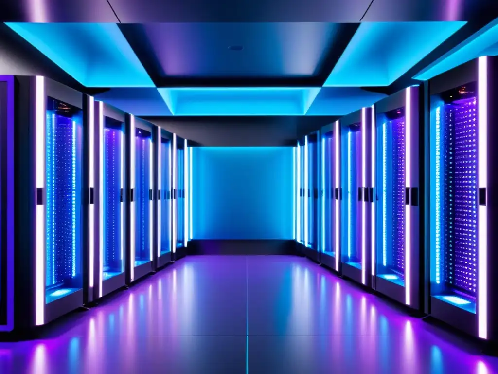 Una sala de supercomputación futurista con luces neón azules y moradas