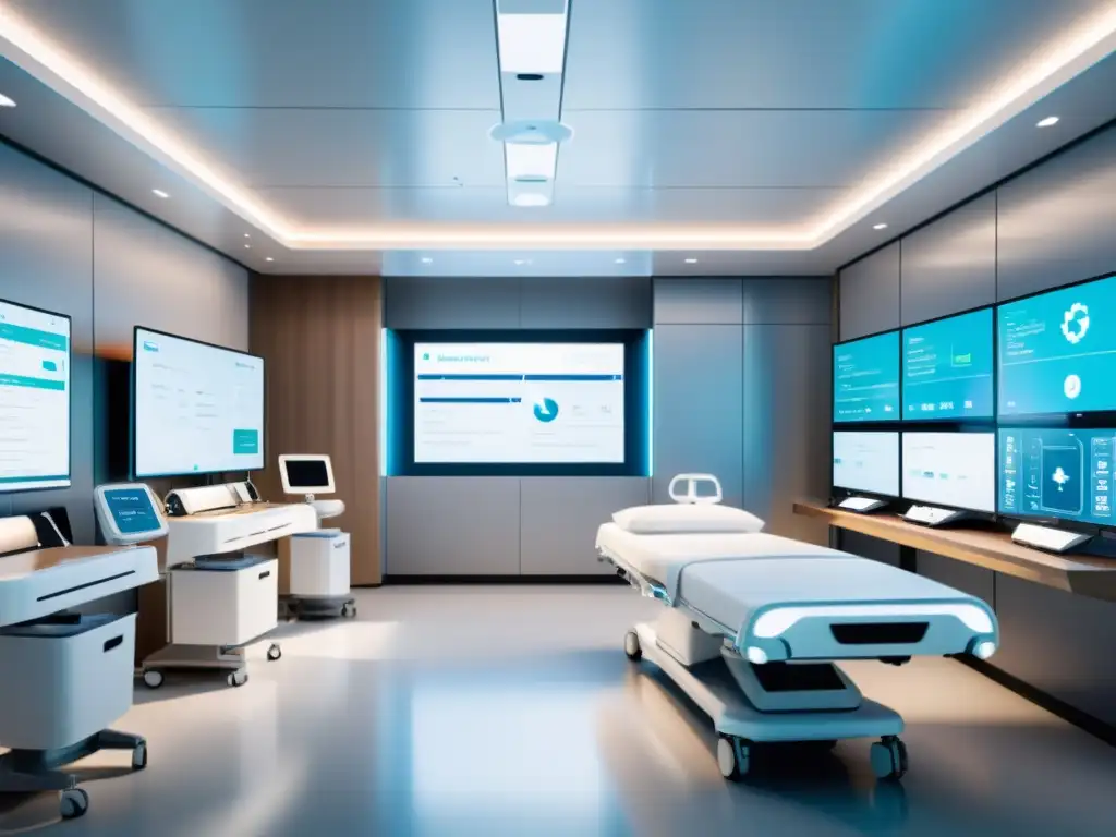 Una sala de hospital futurista con integración de IA en software médico de código abierto, iluminada por luz natural