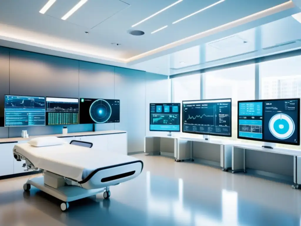 Una sala de hospital moderna con equipos médicos futuristas y monitores mostrando análisis de big data en tiempo real