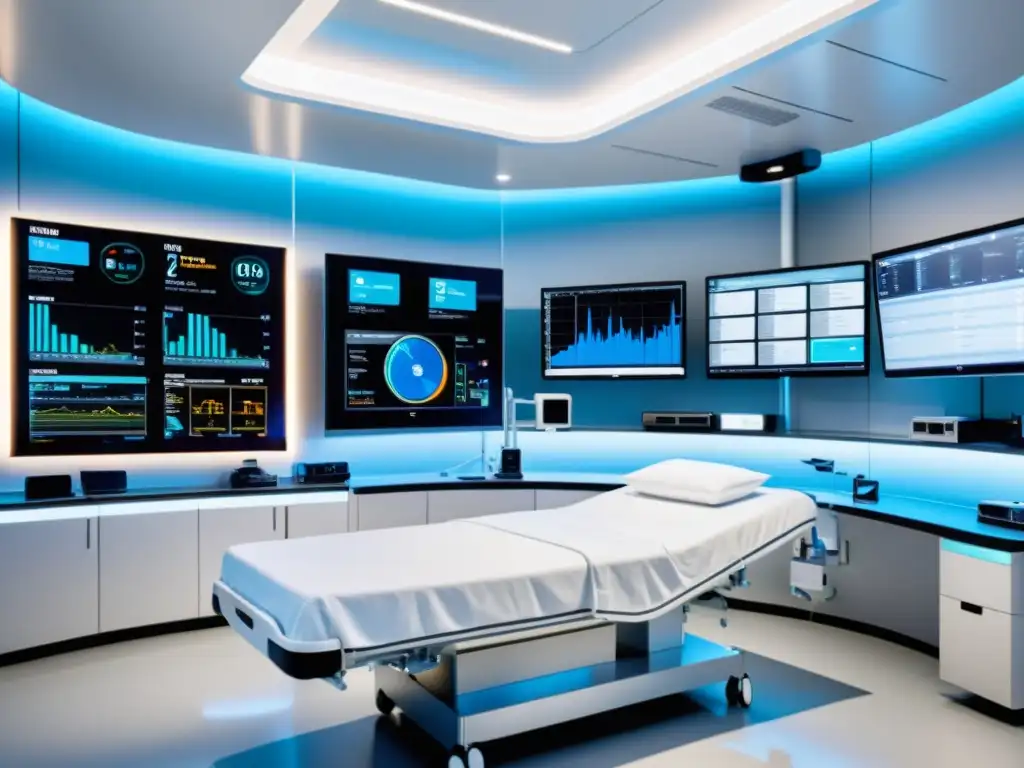 Una sala de UCI moderna con equipo avanzado de monitoreo de pacientes, incluyendo dispositivos de IA y pantallas de datos en tiempo real