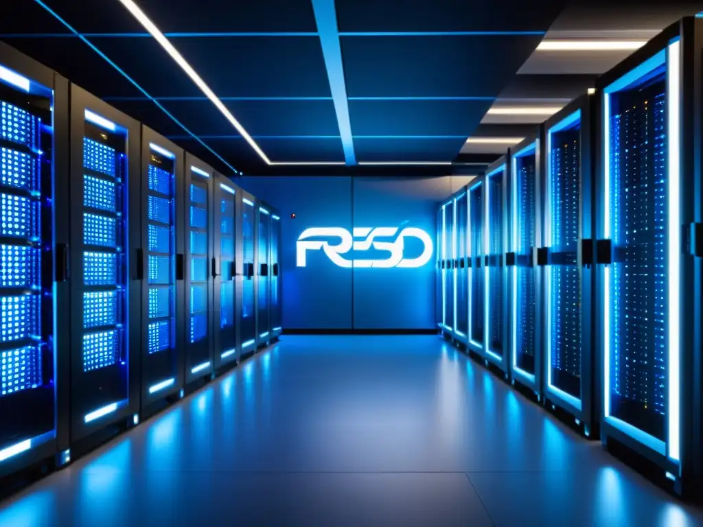 Una sala de servidores moderna con equipos FreeBSD, bañada en luz azul, transmite fiabilidad y tecnología de vanguardia