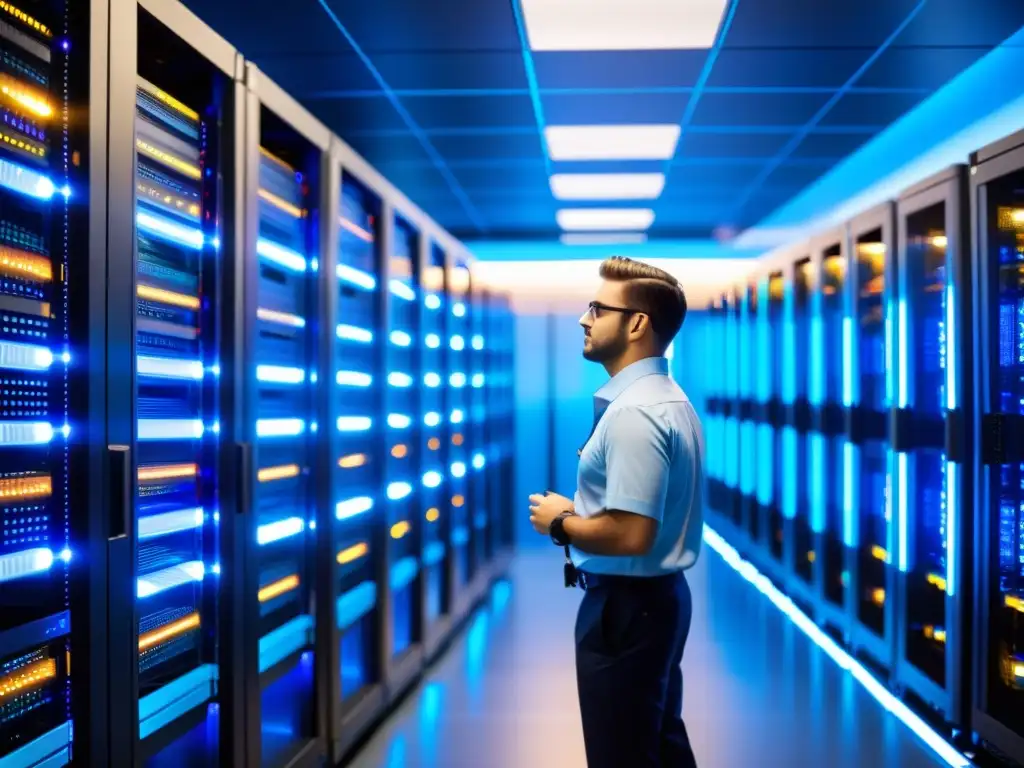 Una sala de servidores moderna con filas de racks organizados, luces parpadeantes y cables coloridos