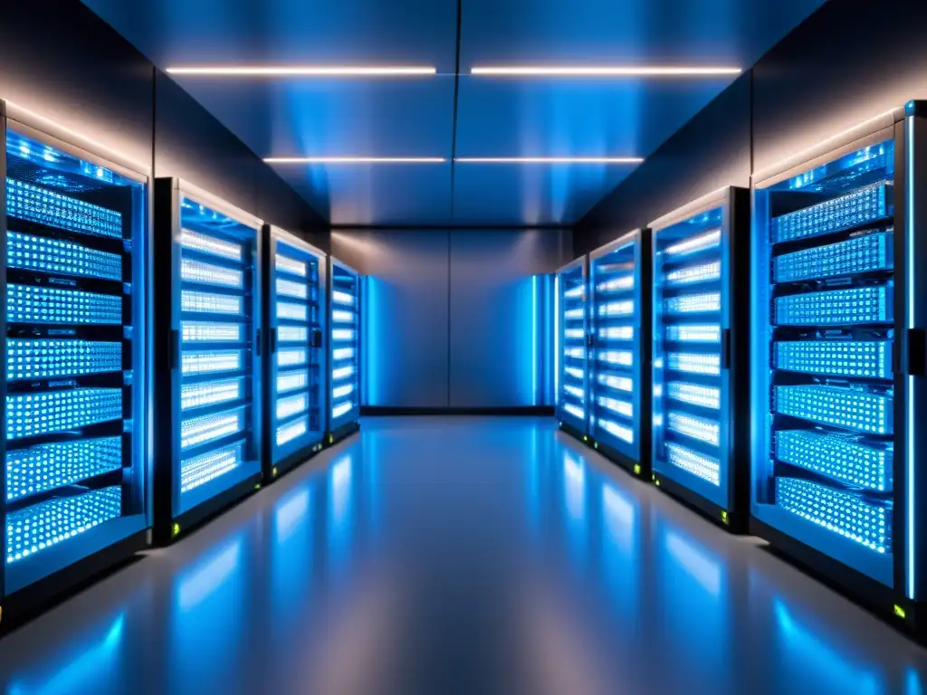 Una sala de servidores moderna con luces LED parpadeantes y un ambiente futurista