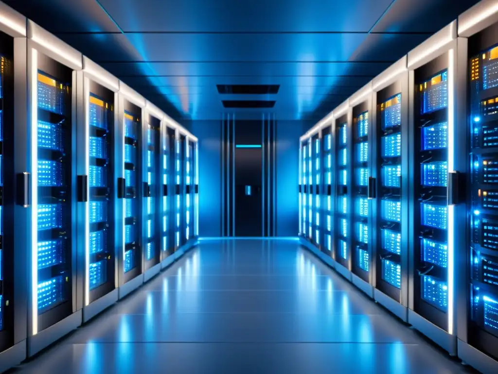 Una sala de servidores moderna con luces parpadeantes y cables organizados, bañada en luz azul