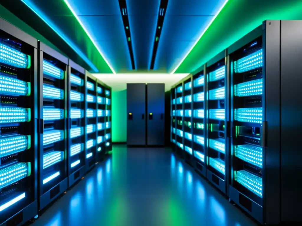 Una sala de servidores moderna con plataformas código abierto Machine Learning, elegante y profesional, iluminada en azul futurista