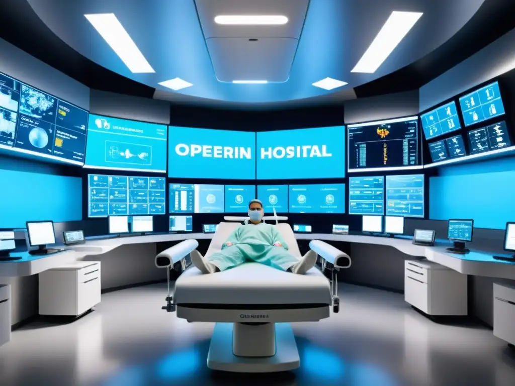 Una sala de operaciones hospitalaria moderna con tecnología de AI integrada en equipos médicos, mostrando monitores futuristas y brazos robóticos