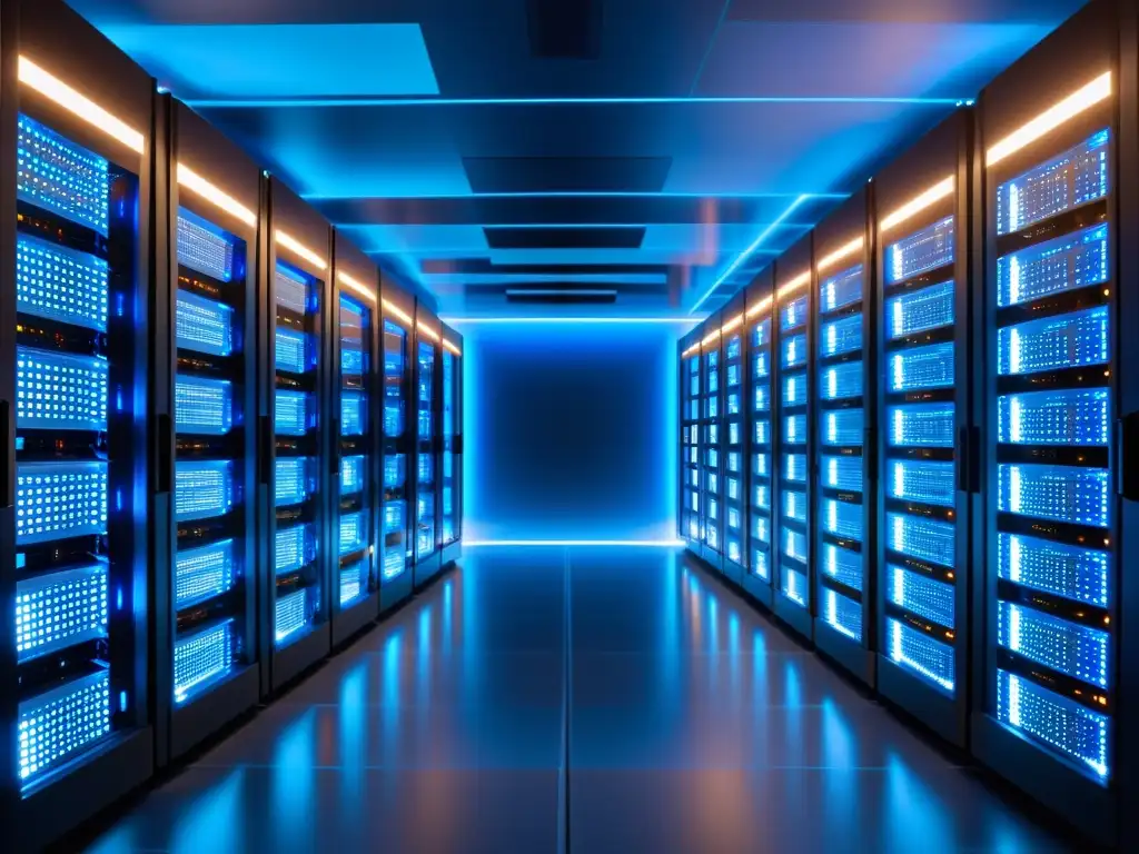 Sala de servidores futurista con visualización en tiempo real Una sala de servidores futurista bañada en luz azul, con filas de servidores iluminados y equipos de red