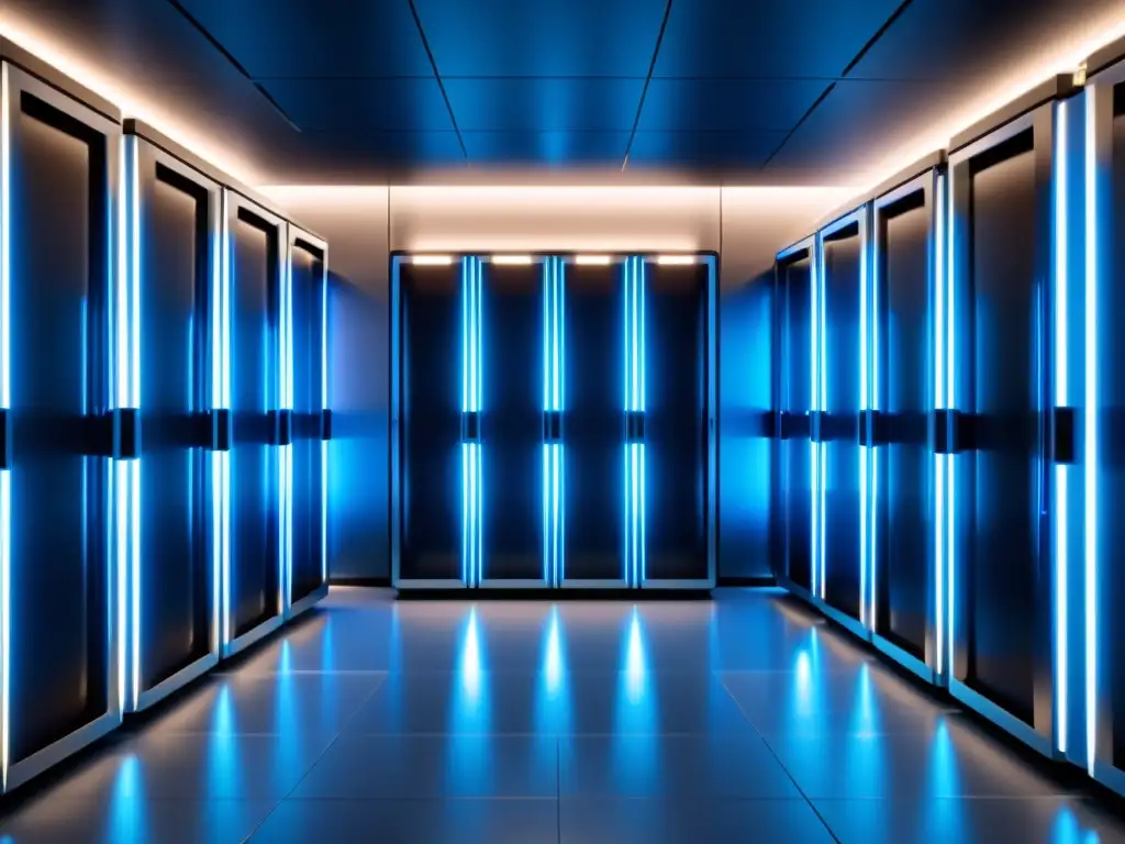 Una sala de servidores futurista y elegante con bases de datos distribuidas SQL y NoSQL, iluminada por un suave y misterioso resplandor azul