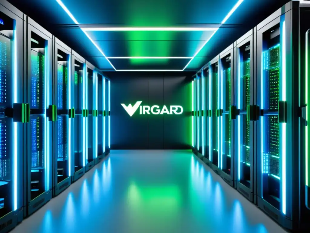Sala de servidores ultramoderna: tecnología de vanguardia y seguridad Una sala de servidores futurista con equipo de red avanzado, iluminación dinámica en azul y verde