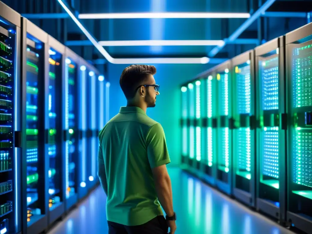 Una sala de servidores futurista con expertos en hardening de sistemas con herramientas open source