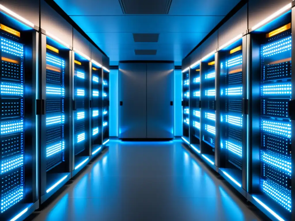 Una sala de servidores futurista con filas ordenadas de racks metálicos, emitiendo luz azul