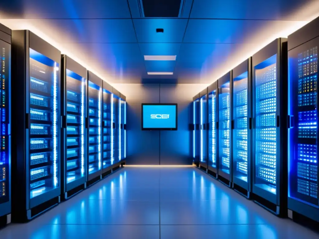 Servidores de código abierto en una sala futurista Una sala de servidores futurista con hardware open source organizado, iluminada en azul, simbolizando las ventajas de la infraestructura open source