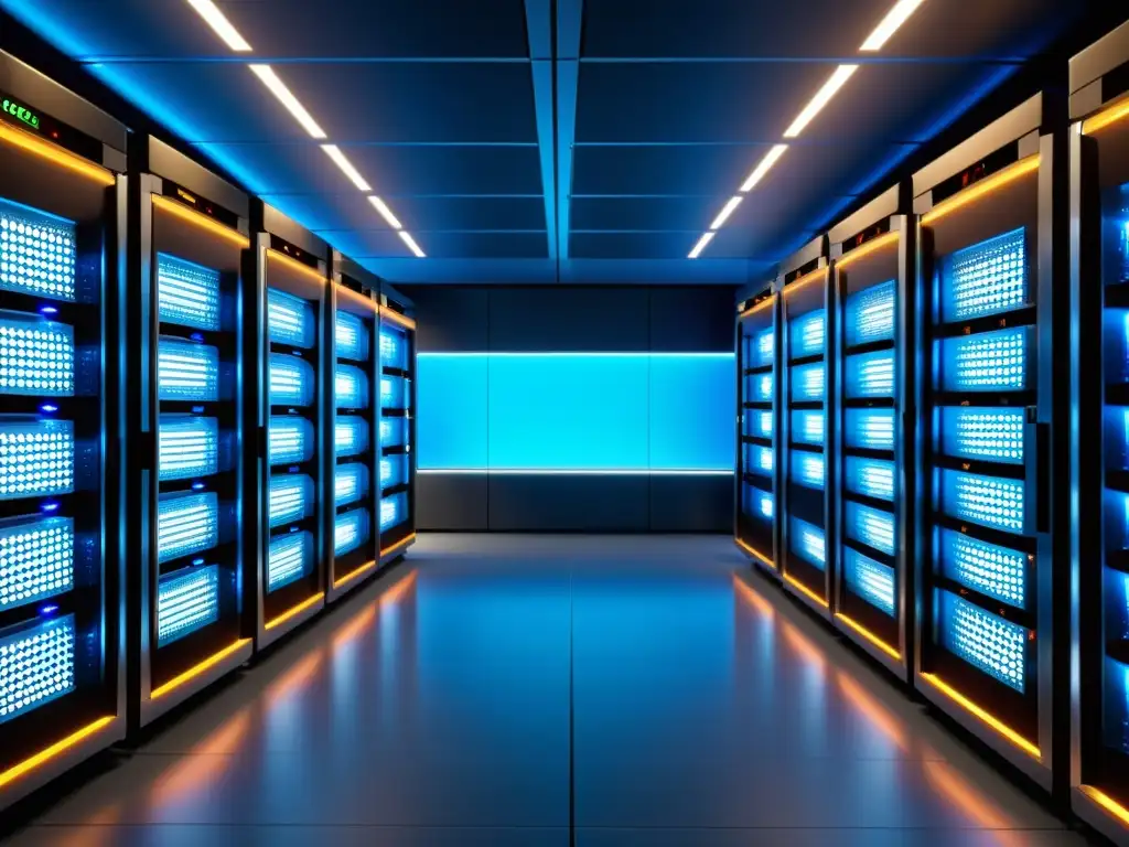 Salas de servidores futuristas con Nagios para monitoreo eficiente Una sala de servidores futurista y profesional con filas de servidores brillantes organizados, monitoreados por Nagios