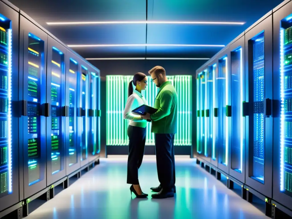 Un sala de servidores futurista con sistemas interconectados, luces LED y técnico realizando hardening de sistemas con herramientas open source