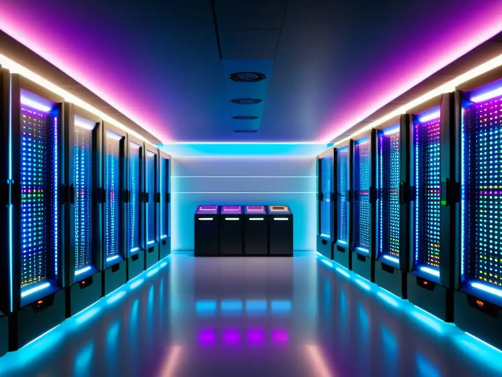 Sala de servidores DragonFly BSD: tecnología puntera y profesional Una sala de servidores futurista con DragonFly BSD, tecnología de vanguardia y luces LED, organización impecable y ambiente profesional