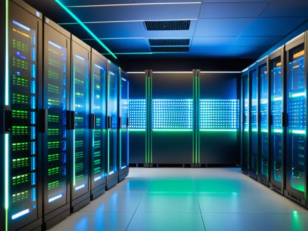 Una sala de servidores moderna y elegante, organizada con luces LED azules y verdes que emiten un brillo futurista