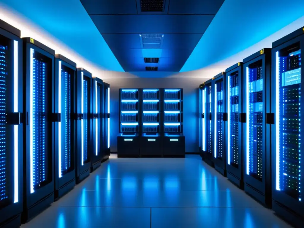 Un sala de servidores moderna y elegante con equipos rack montados, luces azules y el logo de FreeBSD, ideal para servidores empresariales