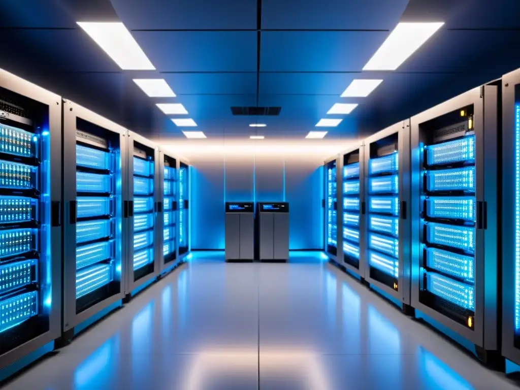 Sala de servidores de alta tecnología: middleware de código abierto en 8k Una sala de servidores moderna con middleware de código abierto, iluminada con LED y un ambiente futurista de monitoreo de rendimiento