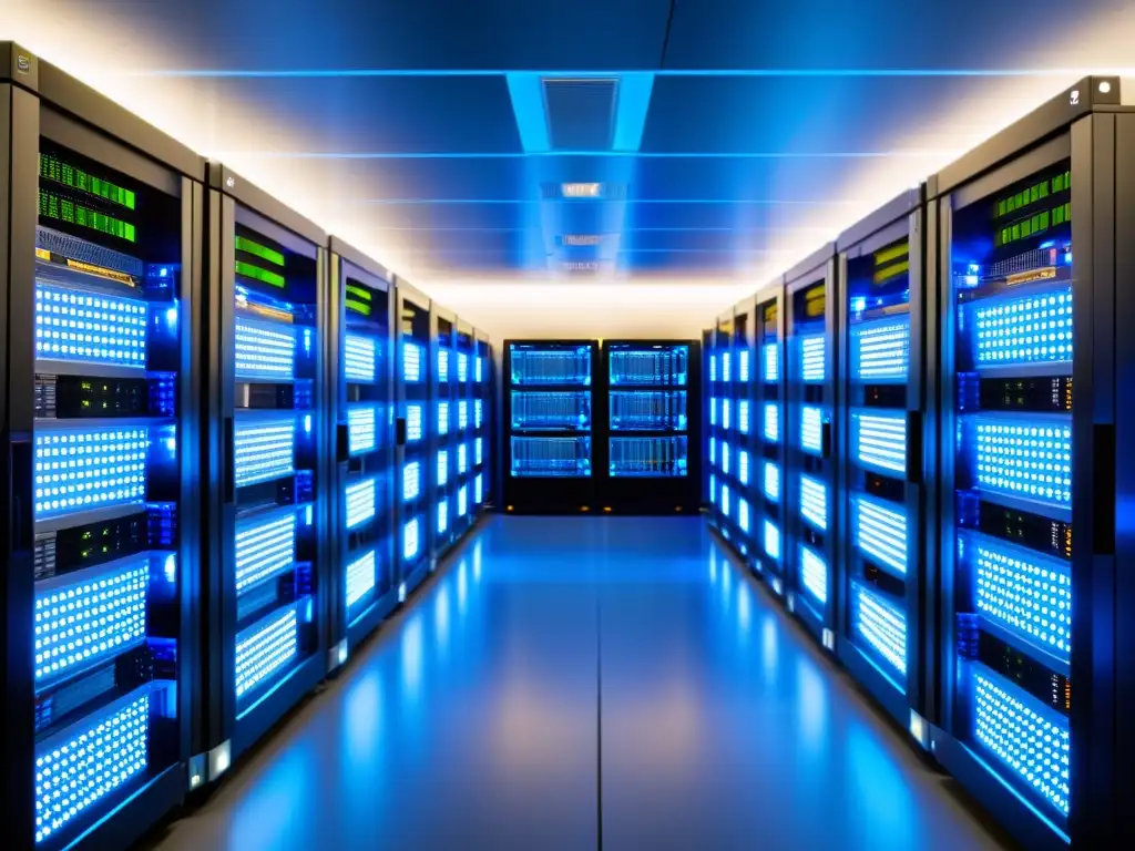 Sala de servidores de alta tecnología: eficiencia y sofisticación Una sala de servidores moderna y ordenada con técnicos monitoreando servidores
