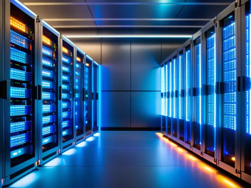 Sala de servidores moderna con tecnología avanzada Una sala de servidores moderna y organizada con luces LED, cables coloridos y gabinetes metálicos