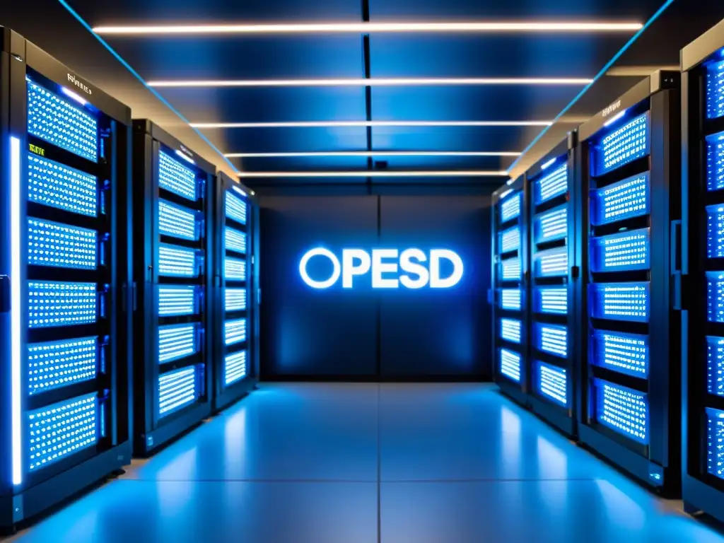 Una sala de servidores con racks organizados y servidores etiquetados con logotipos de sistemas operativos de código abierto