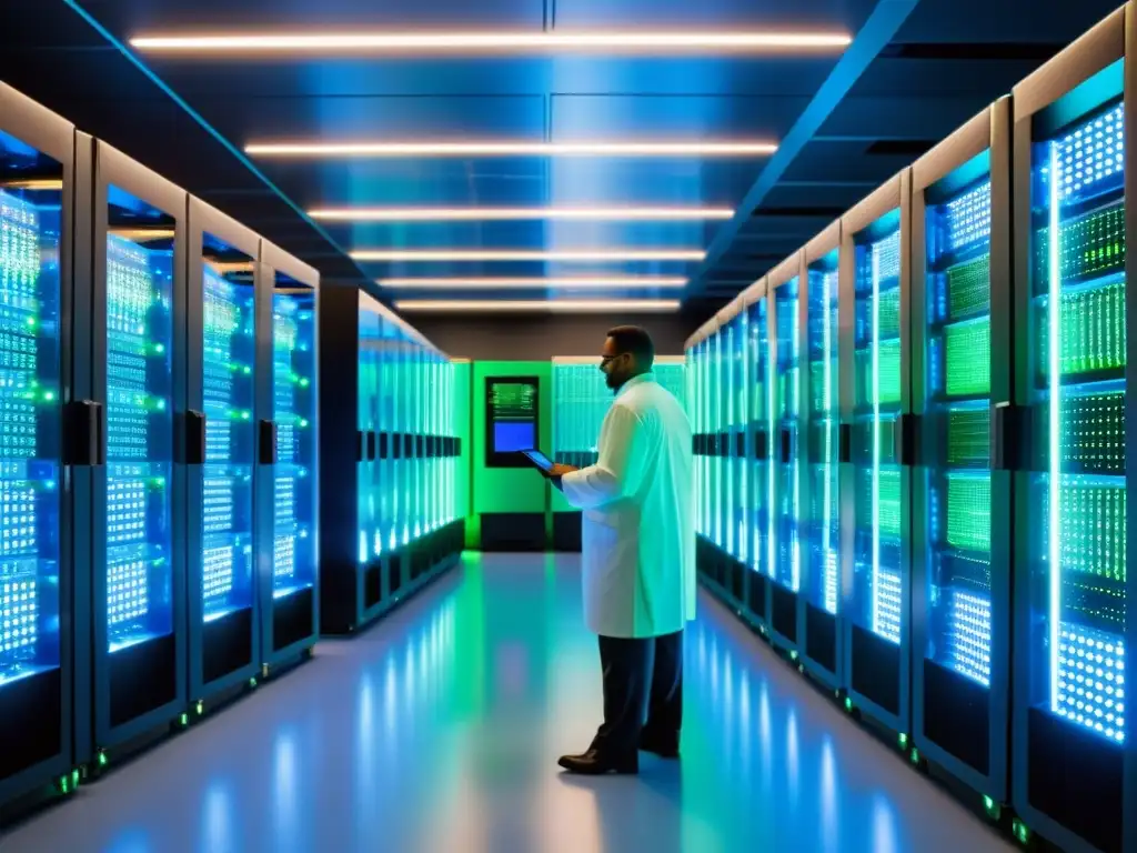 Sala de supercomputación con servidores relucientes interconectados en un laberinto de tecnología