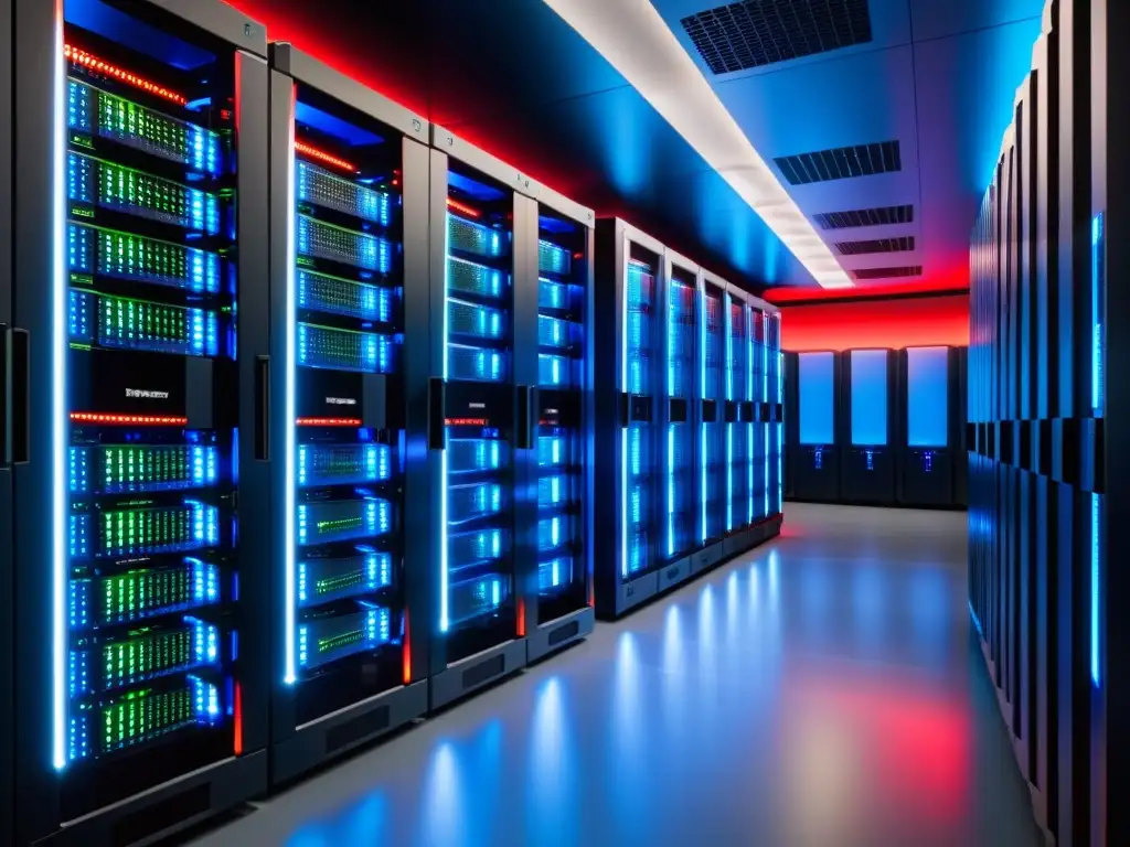 Sala de supercomputación con sistemas de código abierto en un ambiente futurista y tecnológico, con luces parpadeantes y servidores ordenados