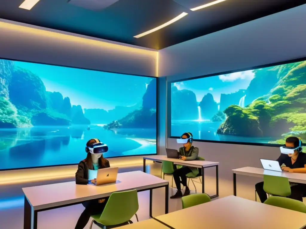 Aula del futuro con tecnología educativa avanzada Salón de clase futurista con tecnología educativa avanzada y estudiantes inmersos en el aprendizaje interactivo