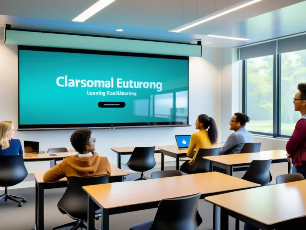 Salón de clases moderno y dinámico con promoción de afiliaciones de software de código abierto, tecnología y educación colaborativa