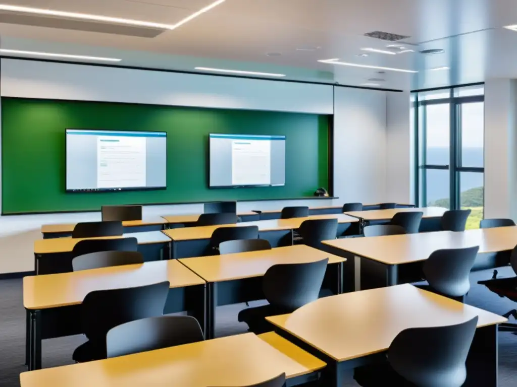 Salón de clases moderno con plataformas de eLearning en Linux, estudiantes colaborando y tecnología educativa de vanguardia