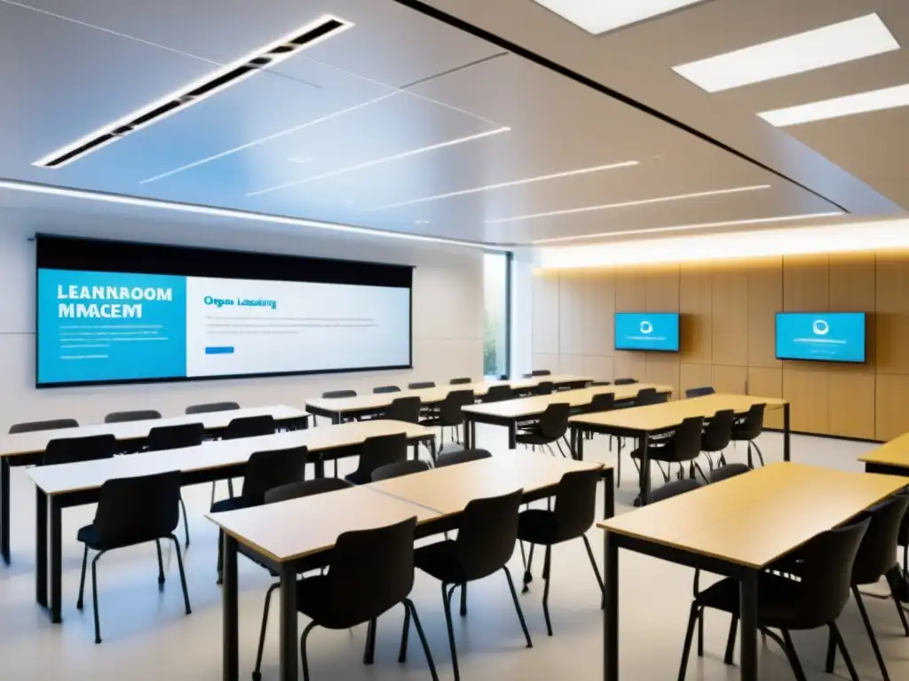 Salón moderno con diseño minimalista, tecnología educativa y luz natural