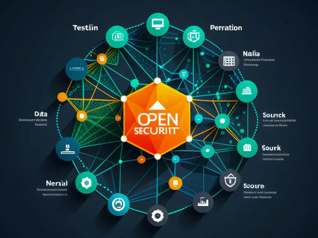 Visualización de seguridad en red: compleja red de nodos interconectados y flujo de datos, representando la crítica naturaleza de las pruebas de penetración en proyectos open source