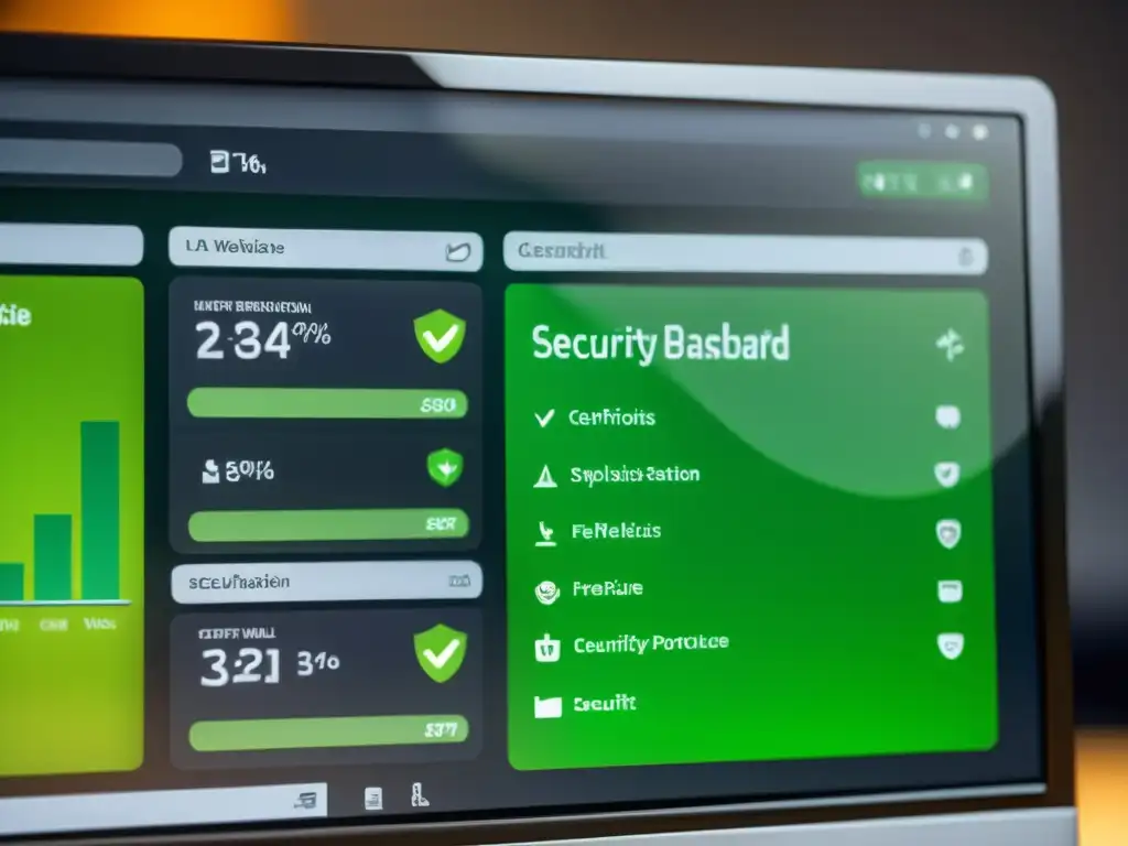 Dashboard de seguridad del sitio web con certificación SSL, protección de firewall y escaneo de malware, mostrando gráficos detallados y estadísticas de rendimiento, transmitiendo una impresión moderna y profesional de las mejores prácticas SEO técnico código abierto