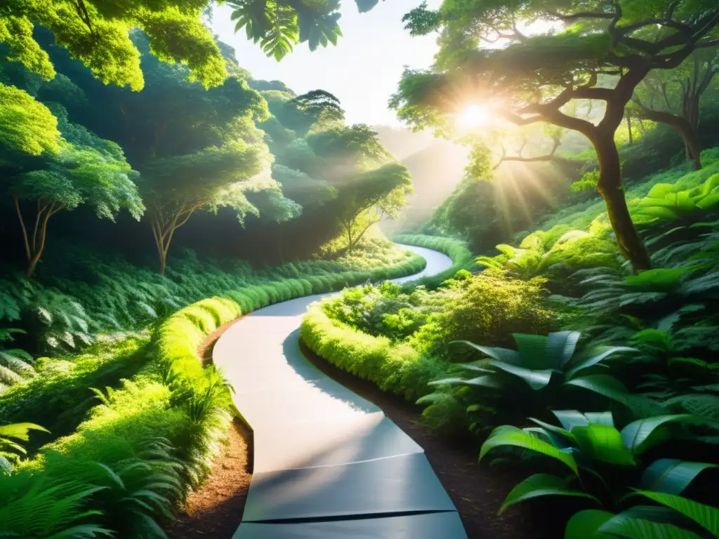 Un sendero serpenteante en un bosque exuberante, con luz solar iluminando la vegetación vibrante