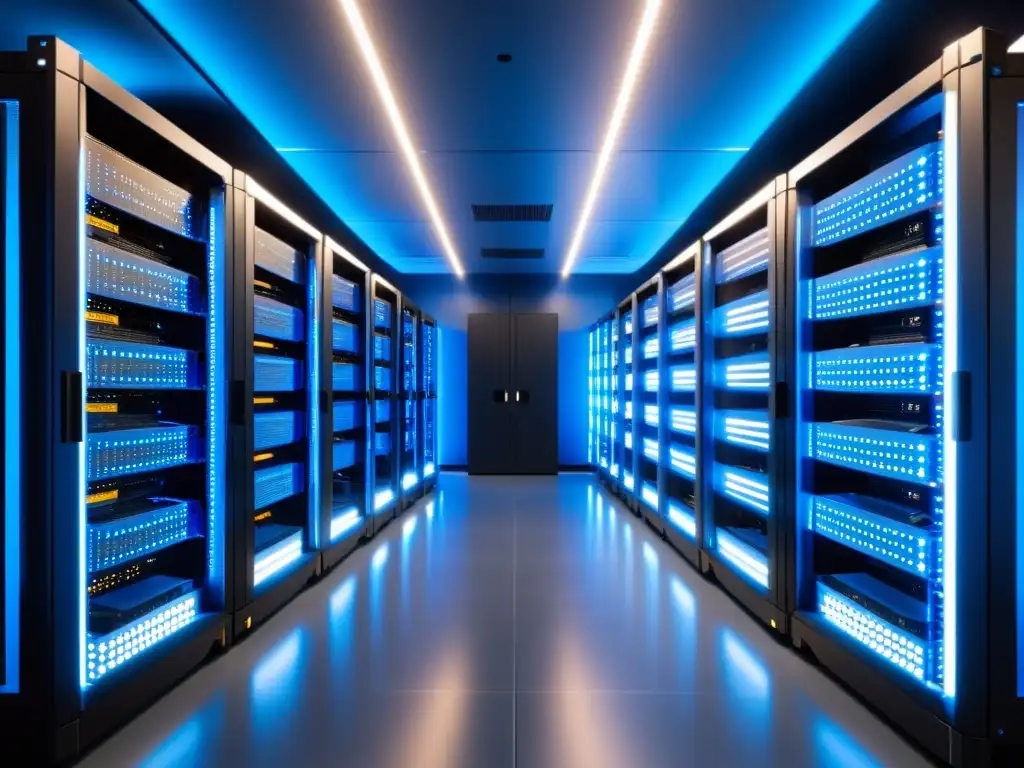 Un servidor de alta tecnología con racks organizados y luces LED