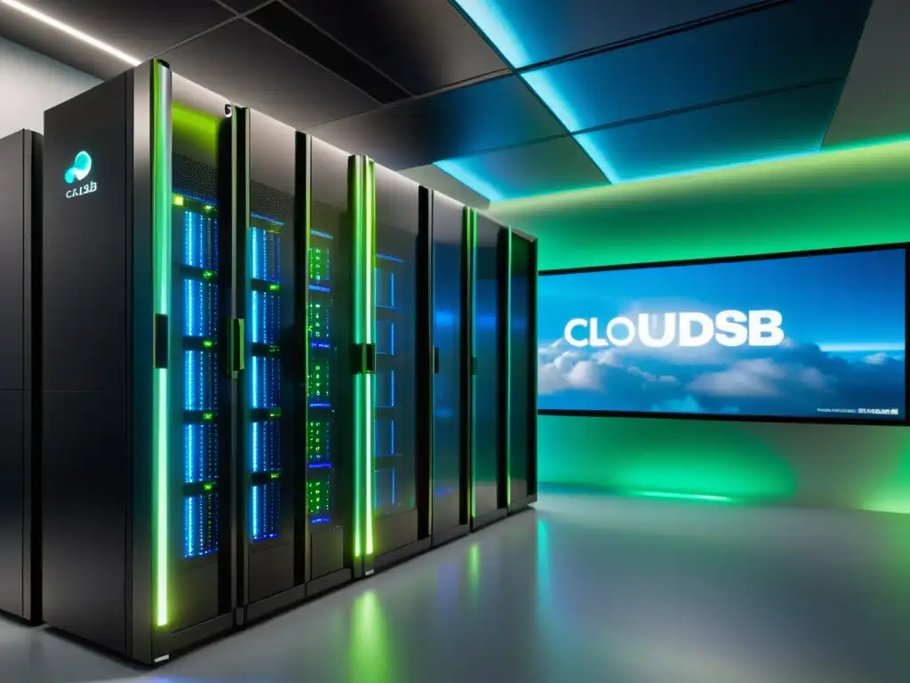 Un servidor de base de datos CouchDB conectado a la nube, con luces azules y verdes que indican procesamiento de datos