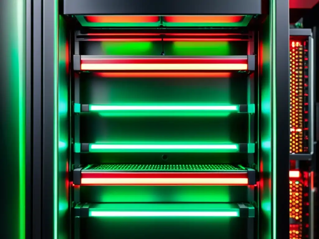 Un servidor con filas organizadas de LEDs rojos y verdes, destacando la eficiente infraestructura de almacenamiento en memoria Redis