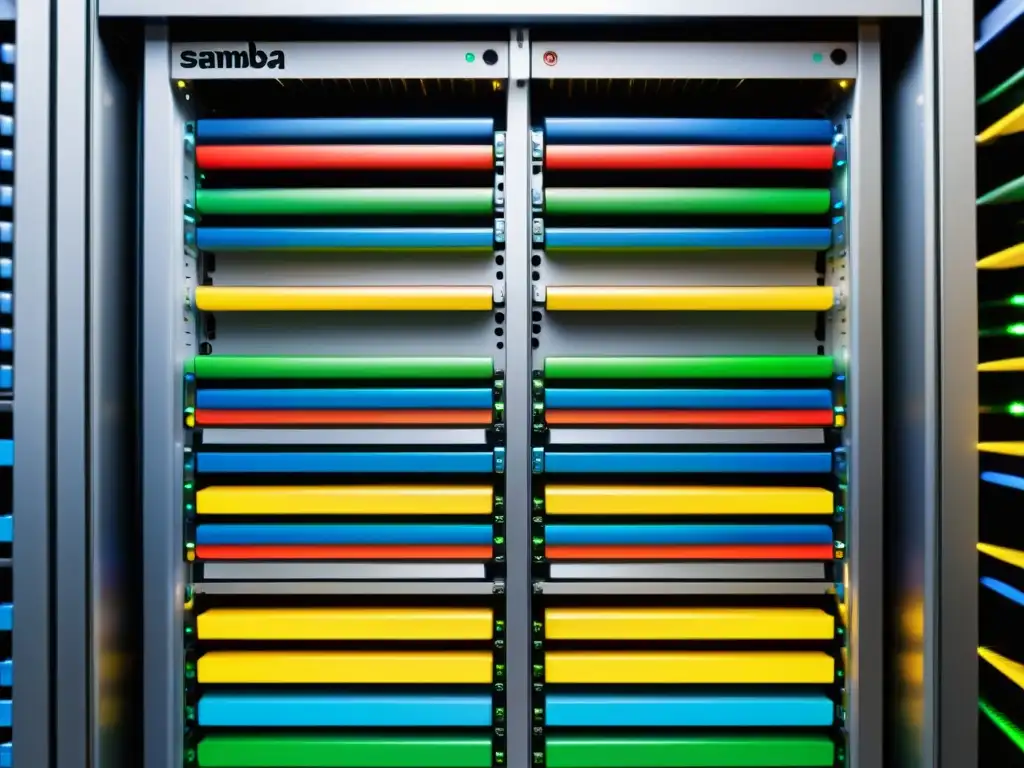 Configuración profesional de servidores Samba en FreeBSD Un servidor FreeBSD con cables de red organizados conectados a múltiples servidores Samba, mostrando la configuración de sistemas de archivos en red con BSD en un entorno profesional y educativo